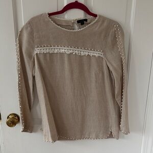J. Crew Tan Blouse with Lace and Pearl Details